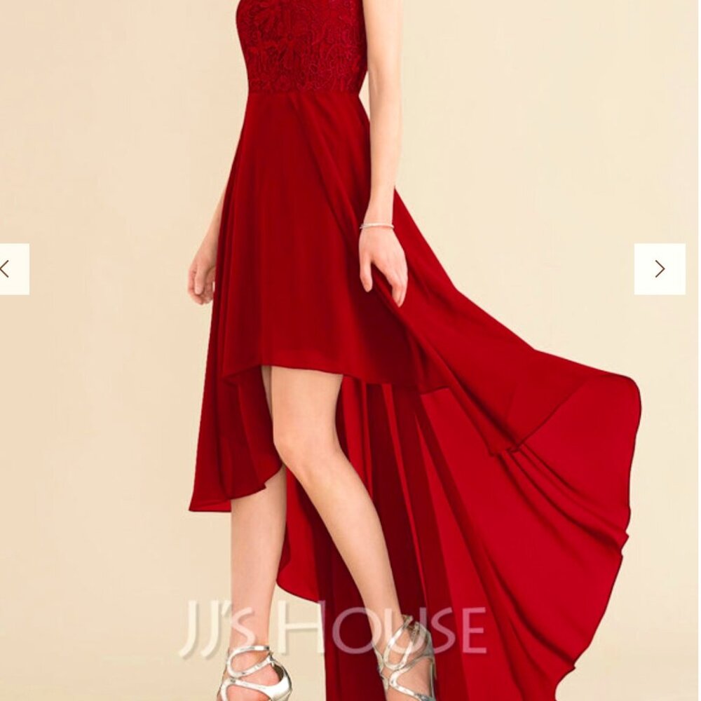 A-Line Scoop Neck Asymmetrical Chiffon Lace Bridesmaid Dress